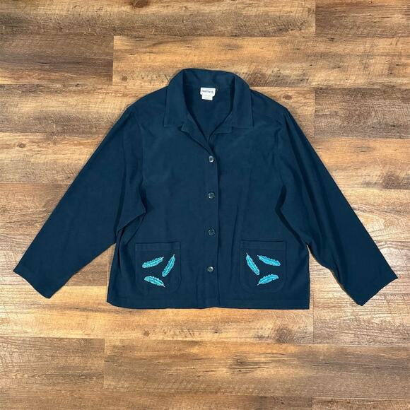 Vintage Teal Jacket XL Blue Feather Embroidery Button-Up Casual Faux Suede READ - Picture 1 of 14